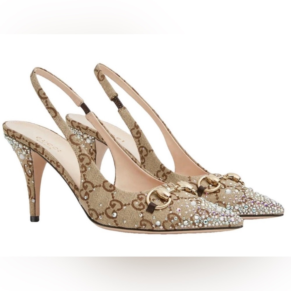 Gucci Beige Slingback Heels with Crystal Accents